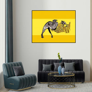 Tabassum Yusuf's 'Mother And Child (Birds on Yellow)' painting visualized above a sofa in a contemporary room.