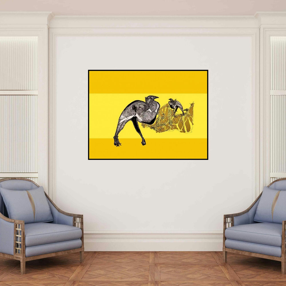 'Mother And Child (Birds on Yellow)' painting by Tabassum Yusuf shown on a wall in a furnished room.