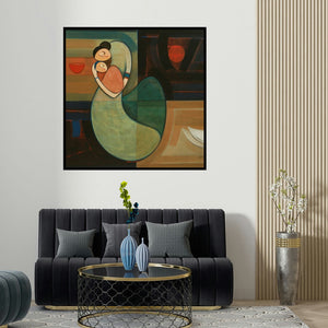 Dattatraya Thombare's 'Mother And Child 2' painting visualized above a sofa in a contemporary room.