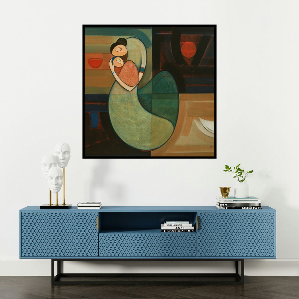 'Mother And Child 2' painting by Dattatraya Thombare shown on a wall in a furnished room.