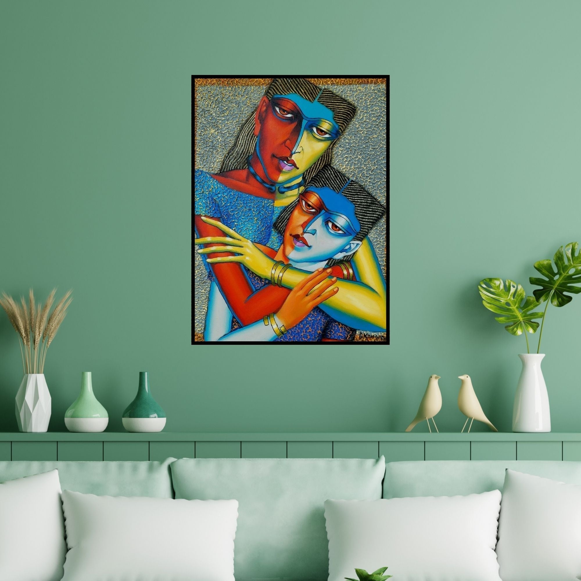 Preview of 'Mother And Child 2' Painting by Dayanand Kamakar shown on a wall in a furnished room.