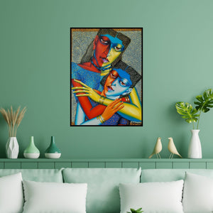 Preview of 'Mother And Child 2' Painting by Dayanand Kamakar shown on a wall in a furnished room.