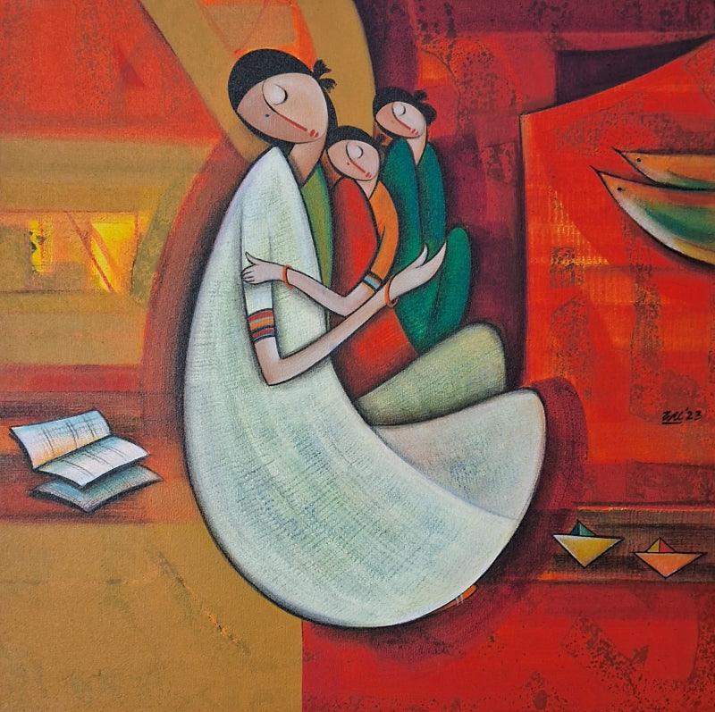 Figurative acrylic painting titled 'Mother And Child 2', 24x24 inches, by artist Dattatraya Thombare on Canvas