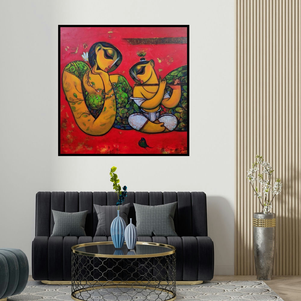 Ramesh Gujar's 'Mother And Child (Maternal Love)' painting visualized above a sofa in a contemporary room.
