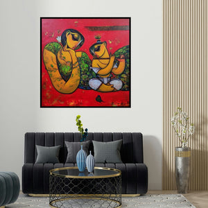 Ramesh Gujar's 'Mother And Child (Maternal Love)' painting visualized above a sofa in a contemporary room.