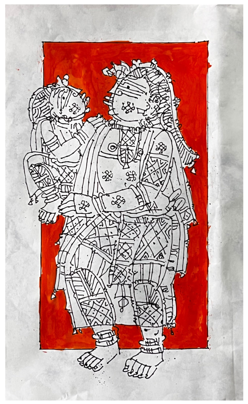 'Mother And Child' figurative acrylic painting by artist G Raman, 14x9 inch, on paper