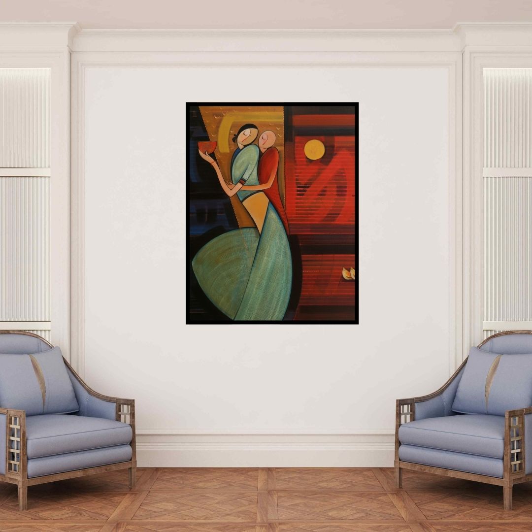 In-situ view of Dattatraya Thombare's 'Mother And Child 3' painting in a room