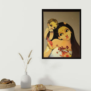 Renuka Fulsoundar's 'Mother And Child' painting visualized above a sofa in a contemporary room.