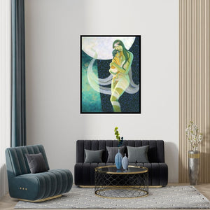 Preview of 'Mother And Child' Painting by Pallavi Deodhar shown on a wall in a furnished room.
