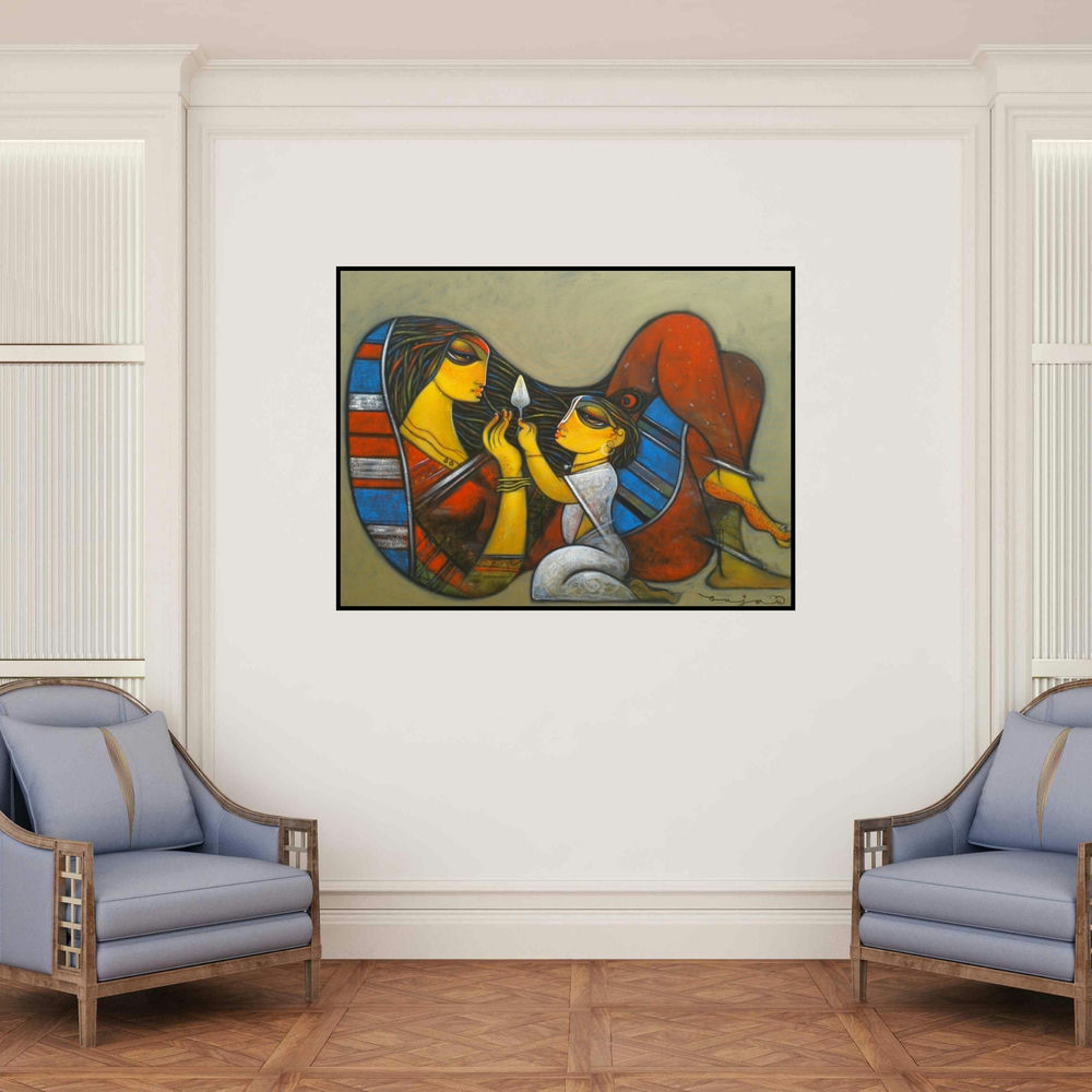 'Mother And Child' painting by Ramesh Gujar shown on a wall in a furnished room.