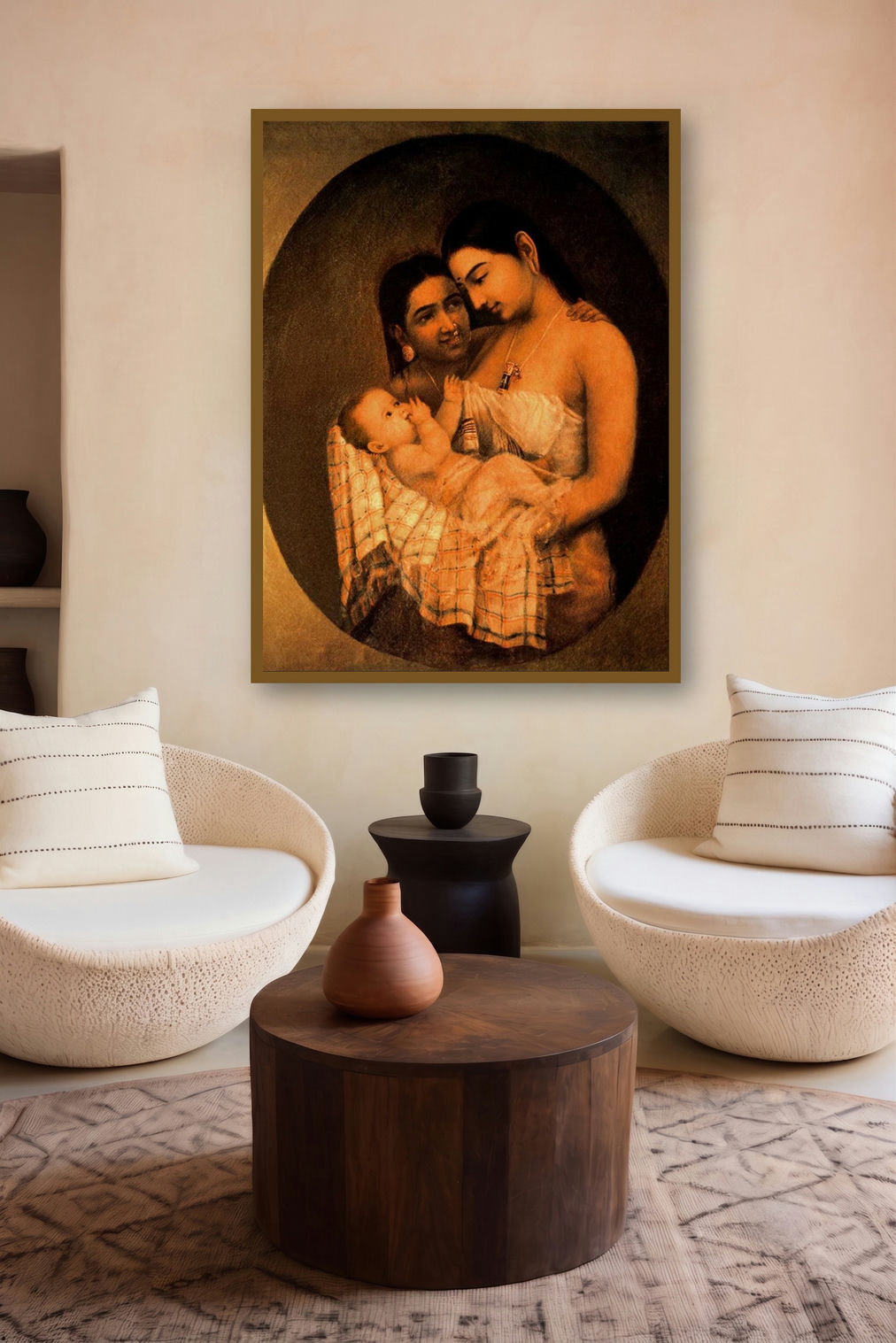 Mother Child (A Mothers Embrace) by artist Raja Ravi Varma displayed in a Curated gallery