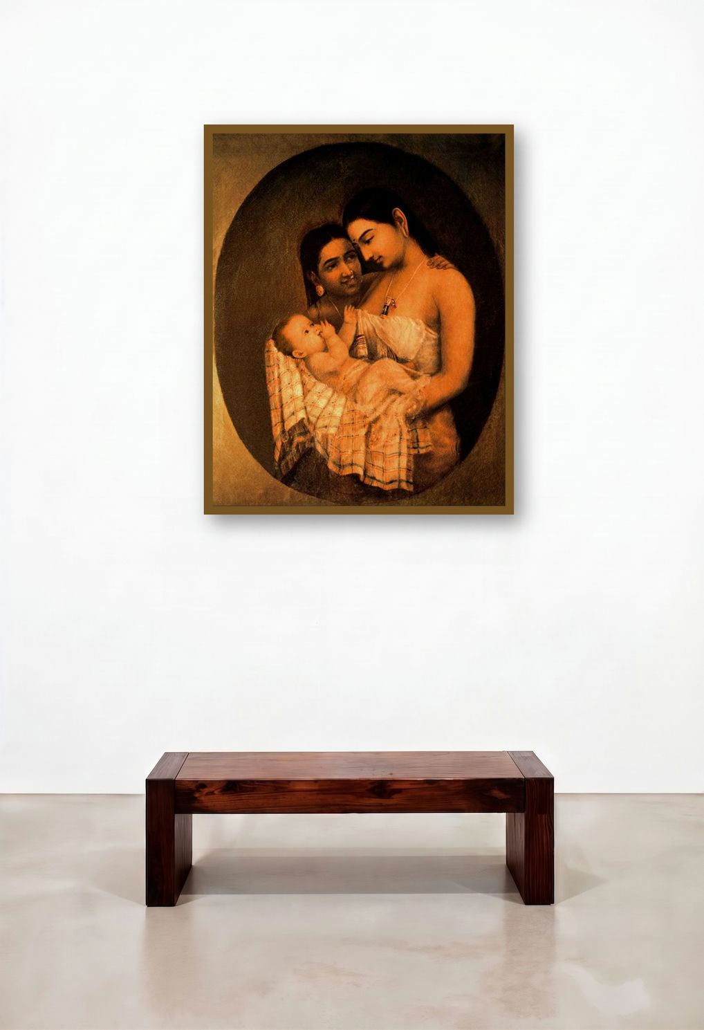 Mother Child (A Mothers Embrace) by artist Raja Ravi Varma displayed in a Contemporary Luxury Bedroom