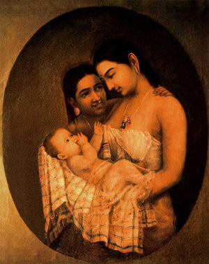 Mother Child (A Mothers Embrace) by Raja Ravi Varma, Print Oil Figurative Painting on Canvas, X-Small Vertical Wall Art