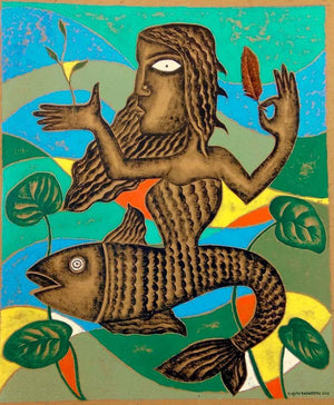 Mother Fish (The Enchanted Mermaid) by Ranjith Raghupathy, Original Acrylic Contemporary Painting on Cardboard, Medium Vertical Wall Art