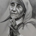 Figurative charcoal pastel drawing titled 'Mother Teresa 1', 30x22 inches, by artist Sankar Das on paper