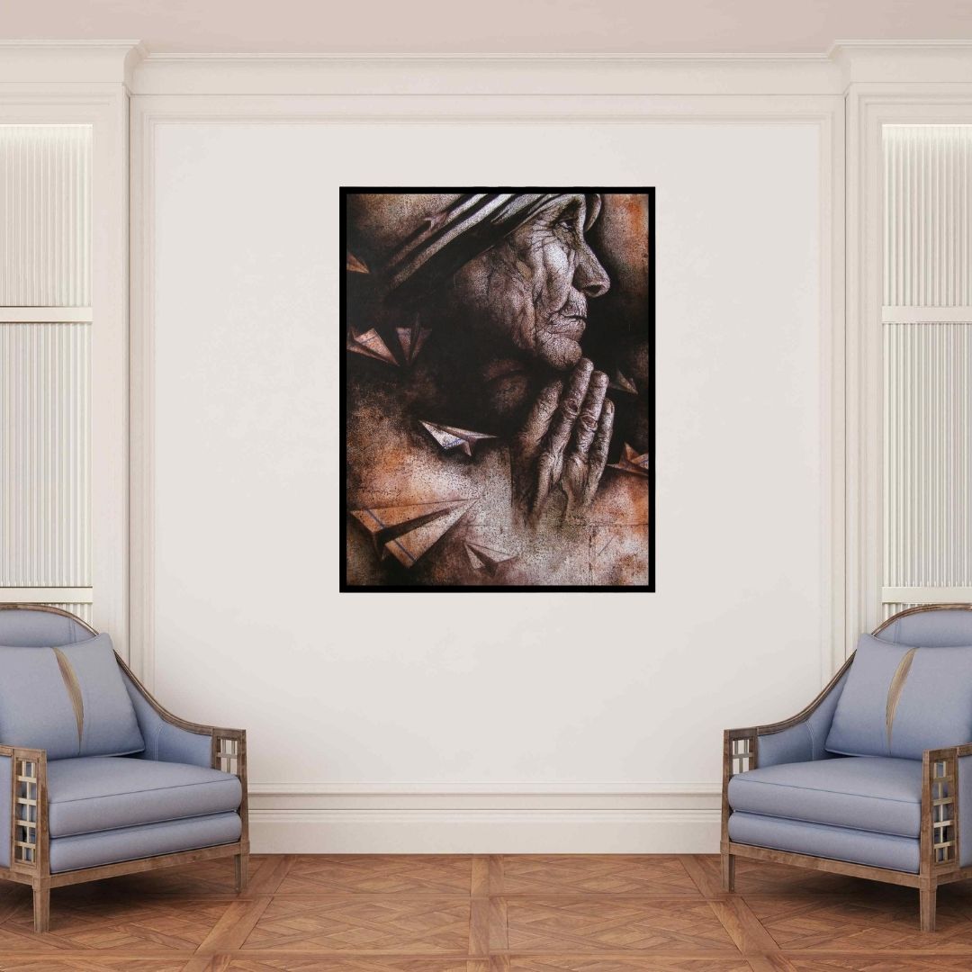 In-situ view of Palash Halder's 'Mother Teresa (Contemplation)' painting in a room