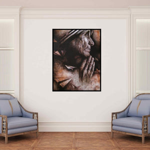 In-situ view of Palash Halder's 'Mother Teresa (Contemplation)' painting in a room