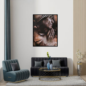 Preview of 'Mother Teresa (Contemplation)' Painting by Palash Halder shown on a wall in a furnished room.