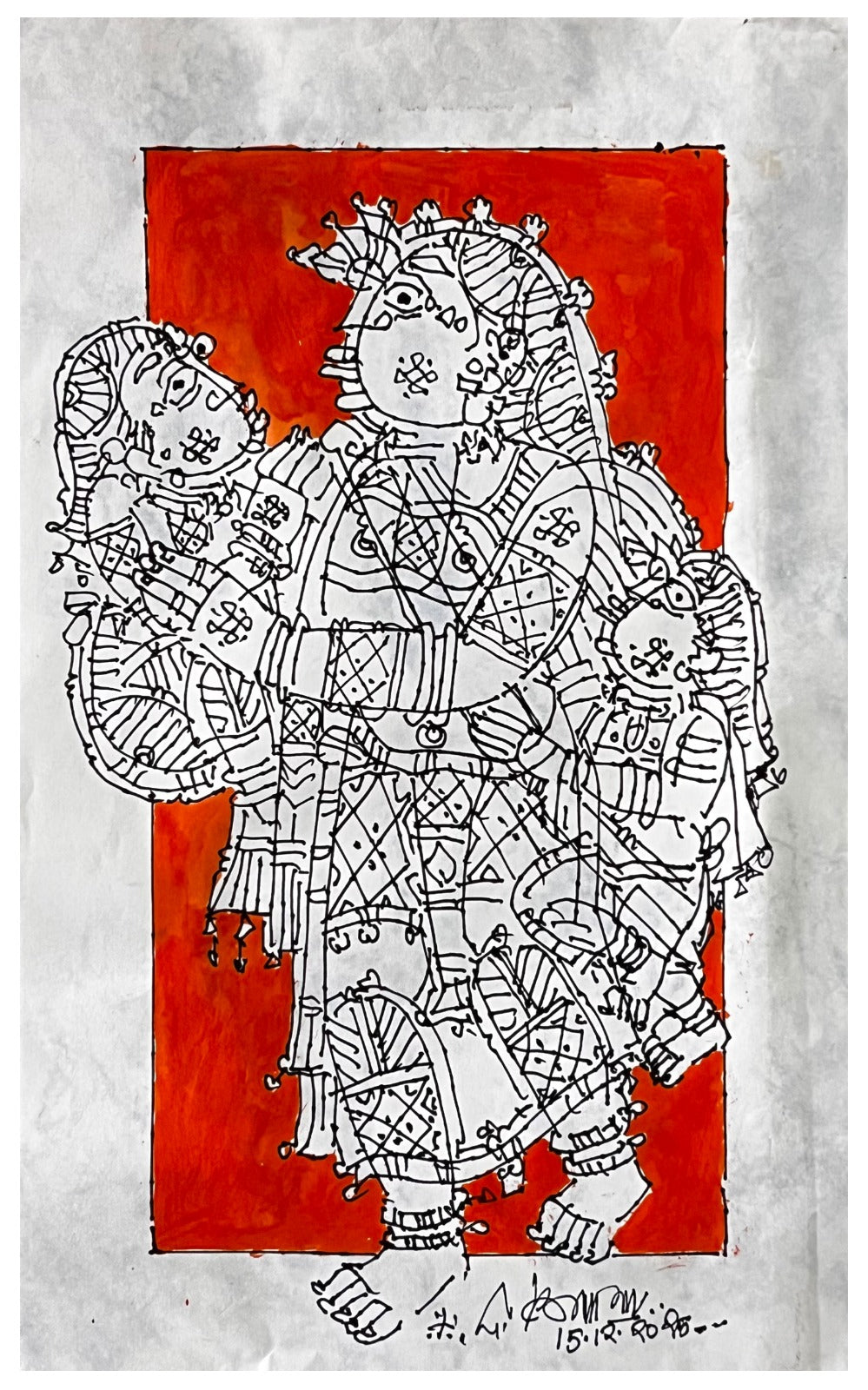 'Mother Two Child' figurative acrylic painting by artist G Raman, 14x9 inch, on paper