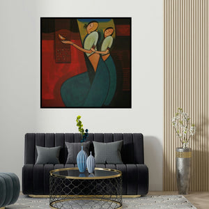 Dattatraya Thombare's 'Motherhood 1' painting visualized above a sofa in a contemporary room.