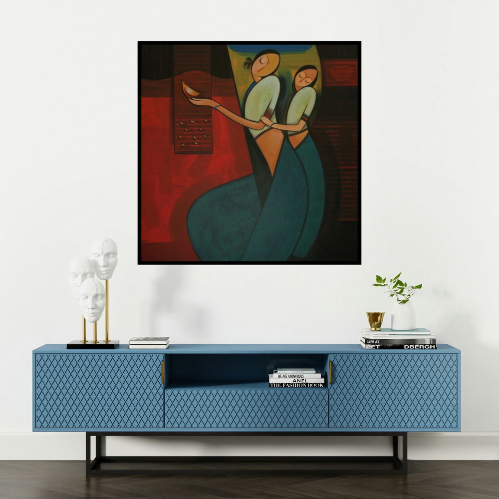 'Motherhood 1' painting by Dattatraya Thombare shown on a wall in a furnished room.