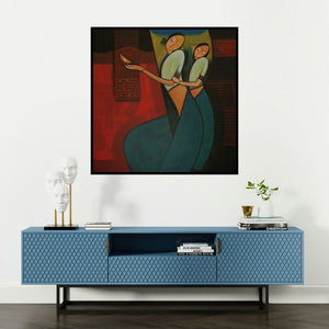 'Motherhood 1' painting by Dattatraya Thombare shown on a wall in a furnished room.