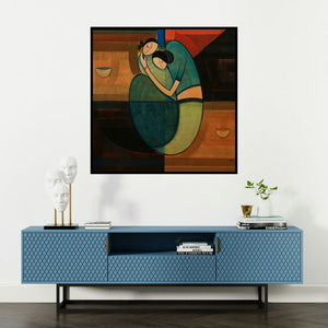 'Motherhood 2' painting by Dattatraya Thombare shown on a wall in a furnished room.