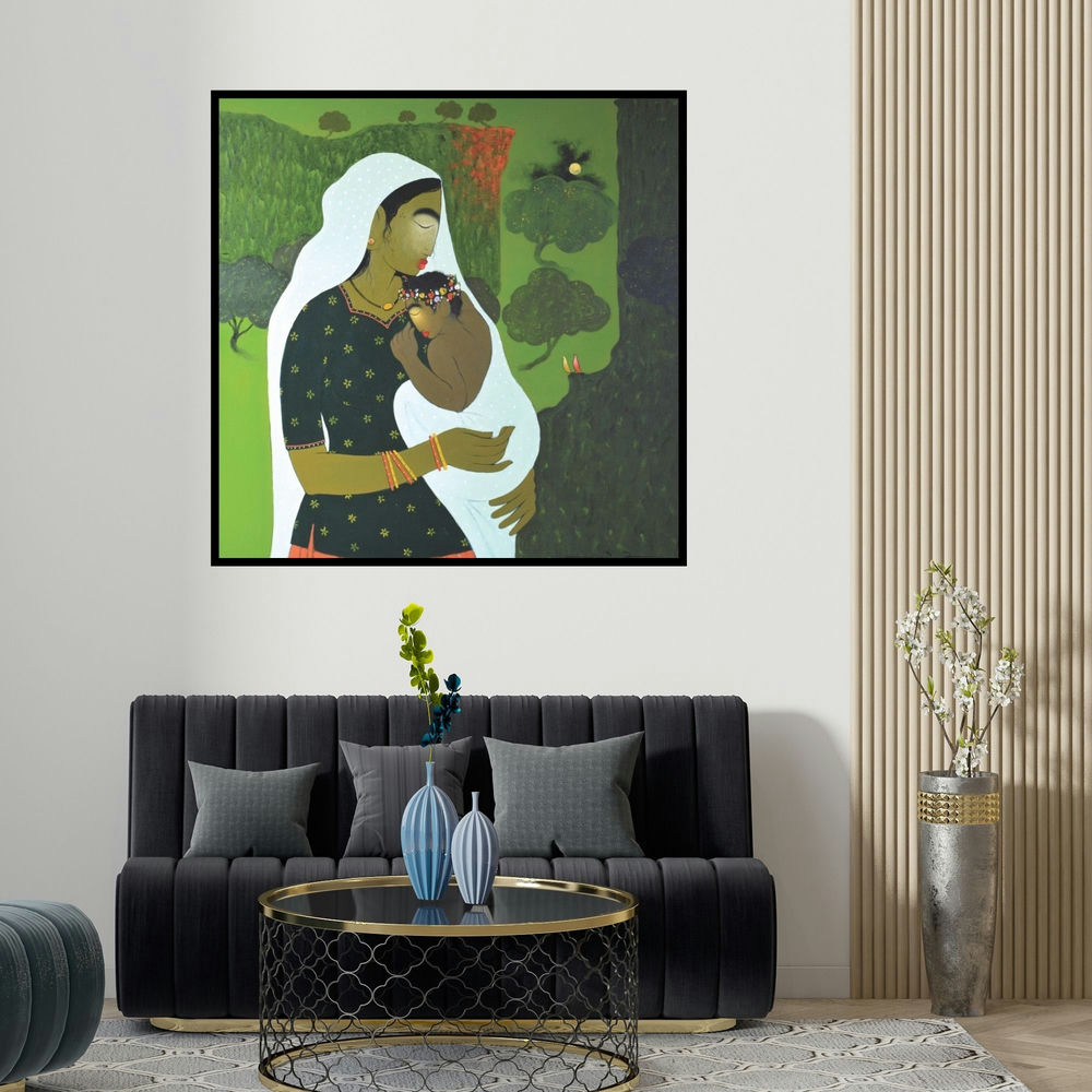 Sanjay M Khochare's 'Motherhood' painting visualized above a sofa in a contemporary room.