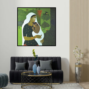 Sanjay M Khochare's 'Motherhood' painting visualized above a sofa in a contemporary room.