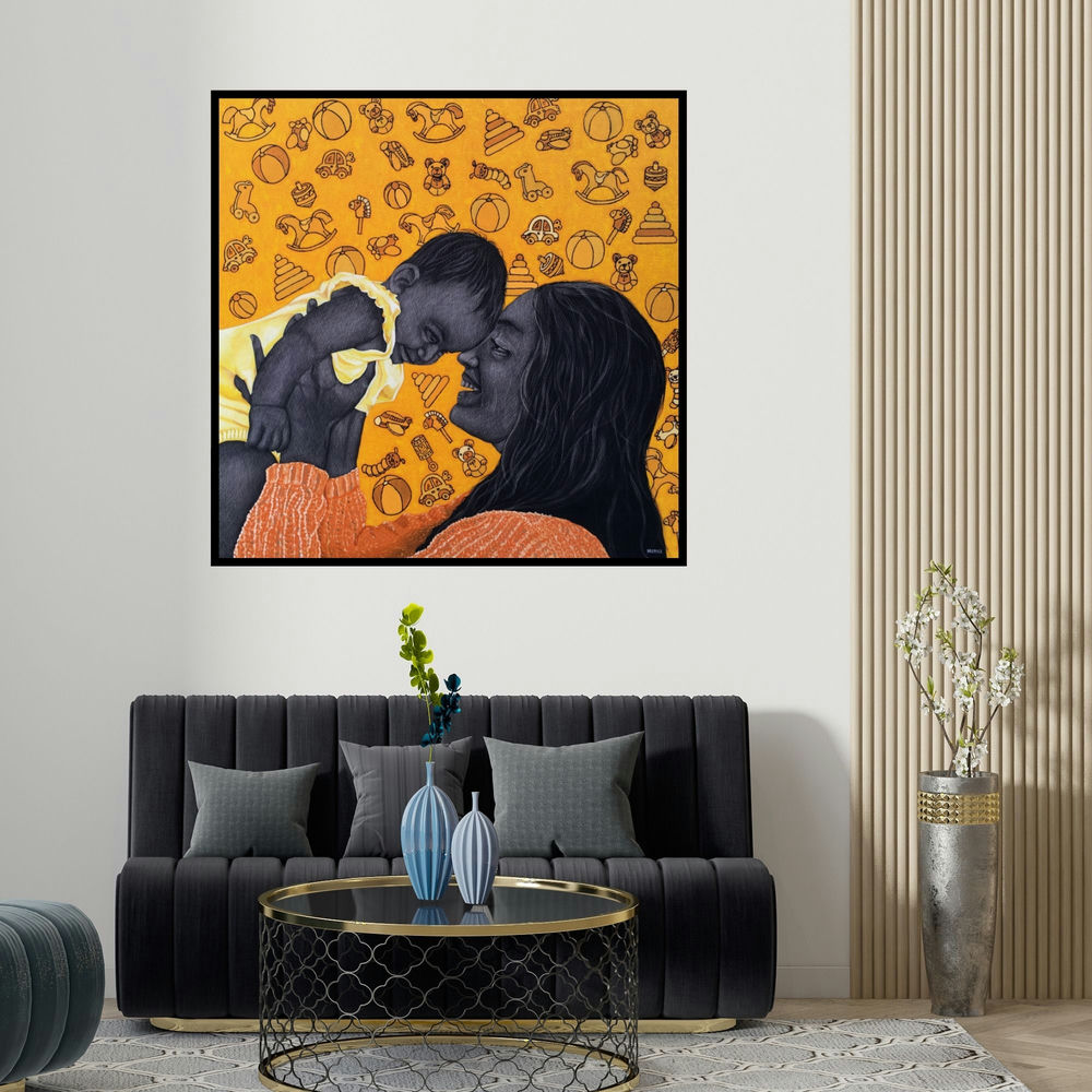 Deepali S's 'Motherhood' painting visualized above a sofa in a contemporary room.