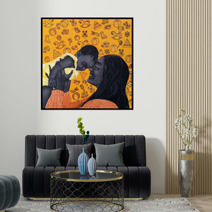 Deepali S's 'Motherhood' painting visualized above a sofa in a contemporary room.