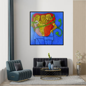 Preview of 'Motherhood' Painting by Satyajeet Shinde shown on a wall in a furnished room.