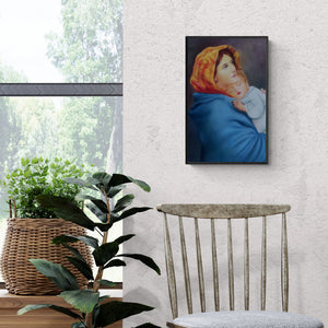 Preview of 'Motherjesus' Painting by Sumithran O M Oravanthuruth House shown on a wall in a furnished room.