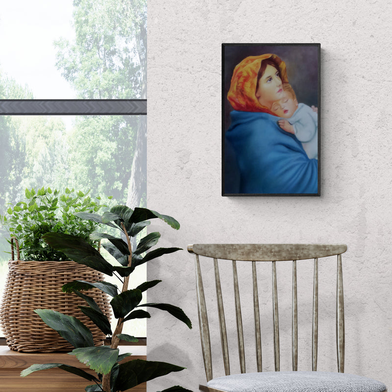 Preview of 'Motherjesus' Painting by Sumithran O M Oravanthuruth House shown on a wall in a furnished room.