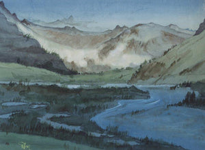 Mountain 1 (Valley Vista) by Rina Roy, Original Watercolor Nature Painting on Paper, X-Small Horizontal Wall Art
