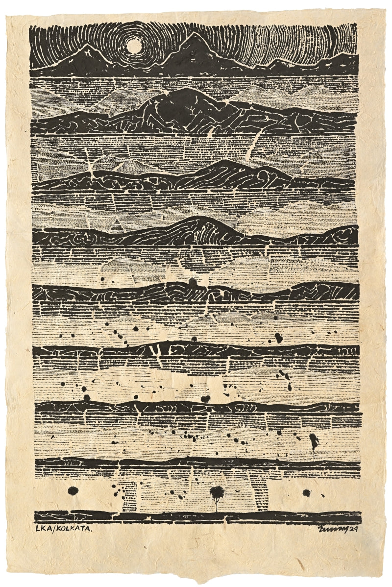 Mountain And Land' contemporary postercolor painting by artist Palash Chandra Baidya, 30x20 inch, on handmade paper