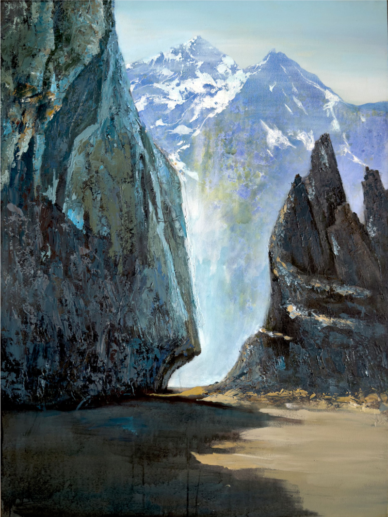 Mountain Gate' landscape acrylic painting by artist Dilip Mali, 59x42 inch, on canvas