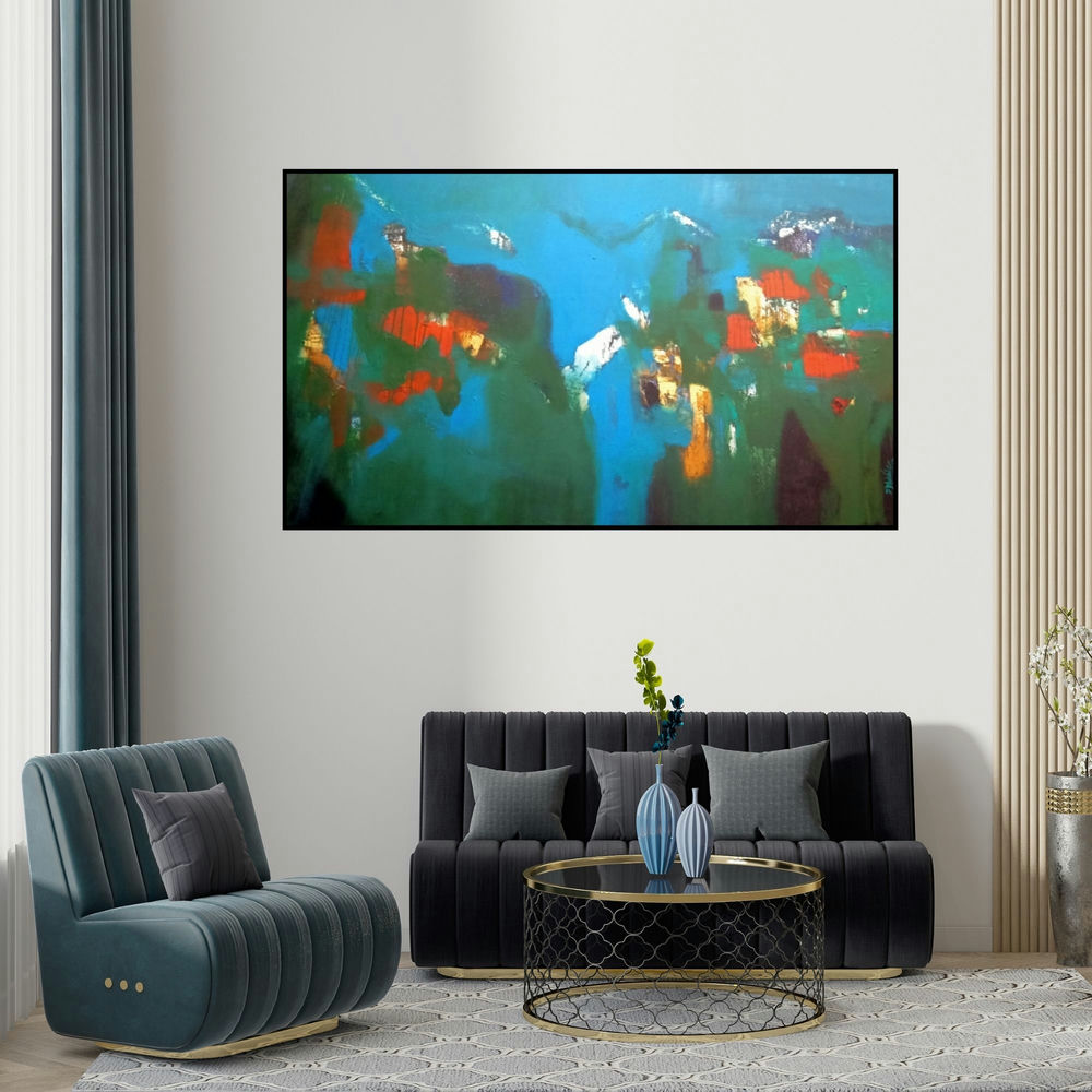 Dnyaneshwar Dhavale's 'Mountain Range 10 (Abstract Landscape)' painting visualized above a sofa in a contemporary room.