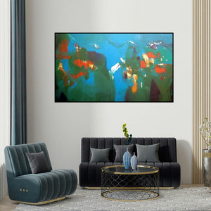 Dnyaneshwar Dhavale's 'Mountain Range 10 (Abstract Landscape)' painting visualized above a sofa in a contemporary room.