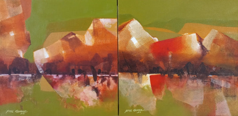 Mountain Series 42' landscape acrylic painting by artist Atul Gendle, 12x24 inch, on canvas