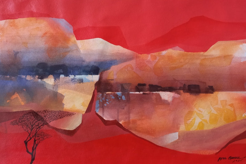 Mountain Stories 1' landscape acrylic painting by artist Atul Gendle, 15x22 inch, on paper