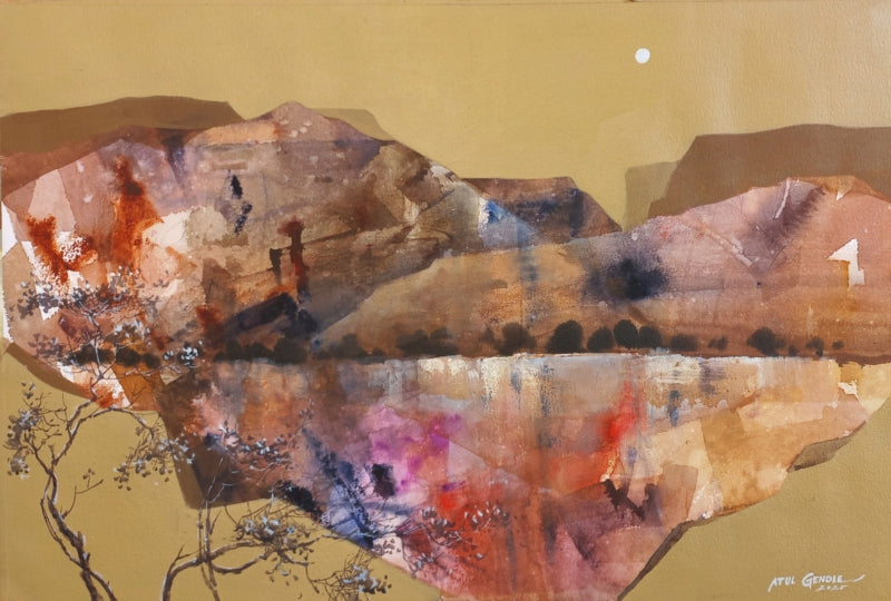 Mountain Stories 10' landscape mixed-media painting by artist Atul Gendle, 15x22 inch, on paper