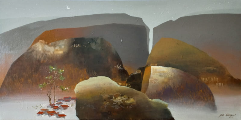 Mountain Stories 11' landscape acrylic painting by artist Atul Gendle, 24x48 inch, on canvas