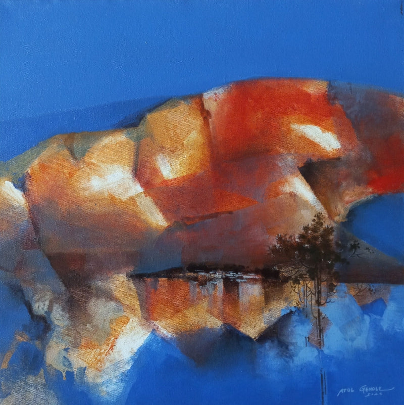 Mountain Stories 12' landscape acrylic painting by artist Atul Gendle, 18x18 inch, on canvas