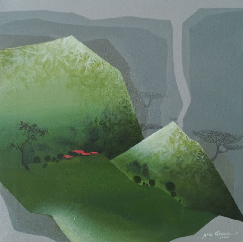 Mountain Stories 13' landscape acrylic painting by artist Atul Gendle, 18x18 inch, on canvas