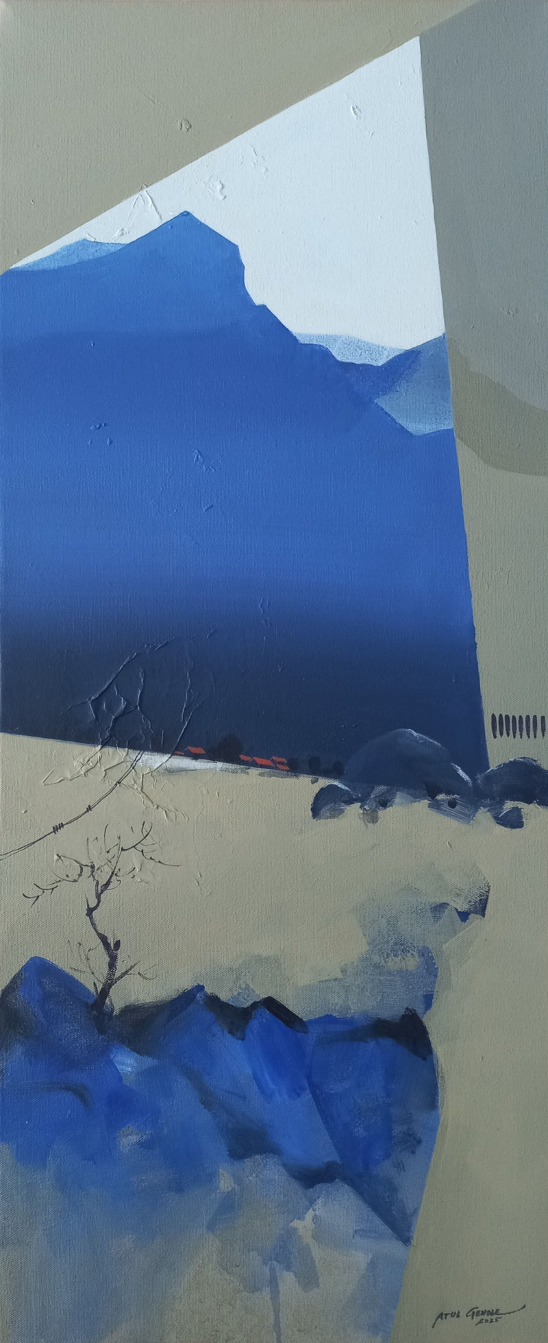 Mountain Stories 14' landscape acrylic painting by artist Atul Gendle, 36x15 inch, on canvas