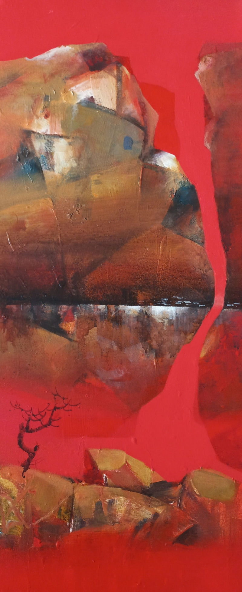 Mountain Stories 15' landscape acrylic painting by artist Atul Gendle, 36x15 inch, on canvas