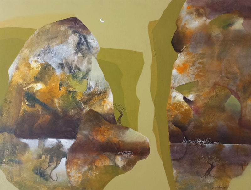 Mountain Stories 16' landscape acrylic painting by artist Atul Gendle, 36x48 inch, on canvas
