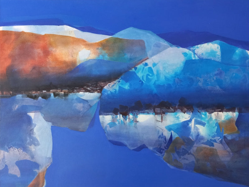 Mountain Stories 18' landscape acrylic painting by artist Atul Gendle, 36x48 inch, on canvas