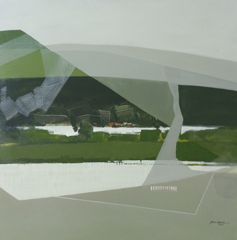 Mountain Stories 19' landscape acrylic painting by artist Atul Gendle, 36x36 inch, on canvas